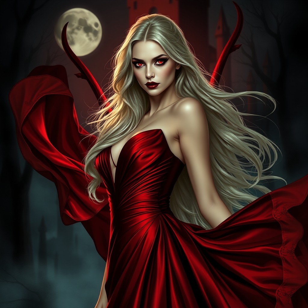 An enchanting female figure dressed in a dramatic and sophisticated red elegant dress that billows around her, creating an aura of allure and power