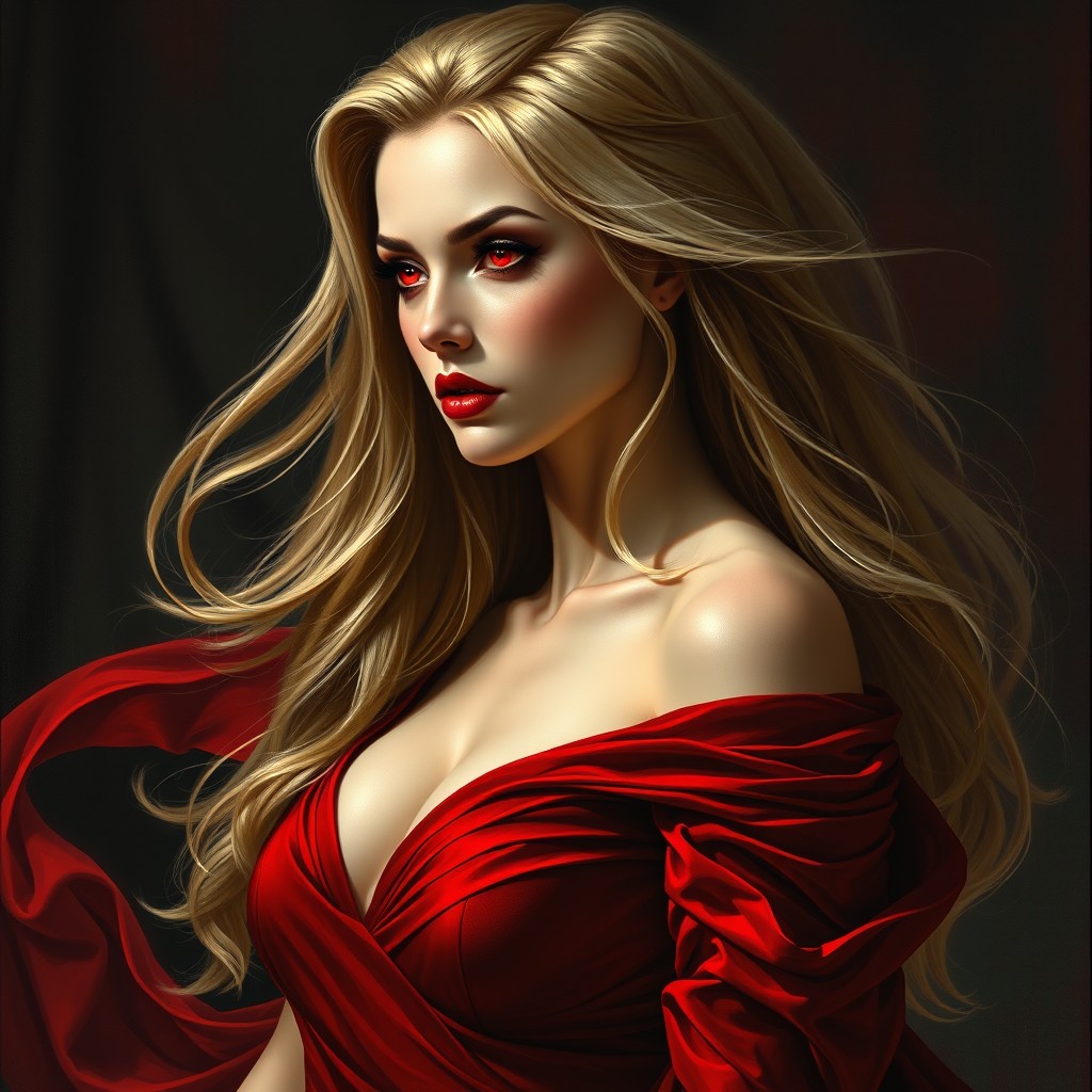 A realistic depiction of a captivating female figure dressed in an elegant red dress that cascades around her, exuding sophistication and charm