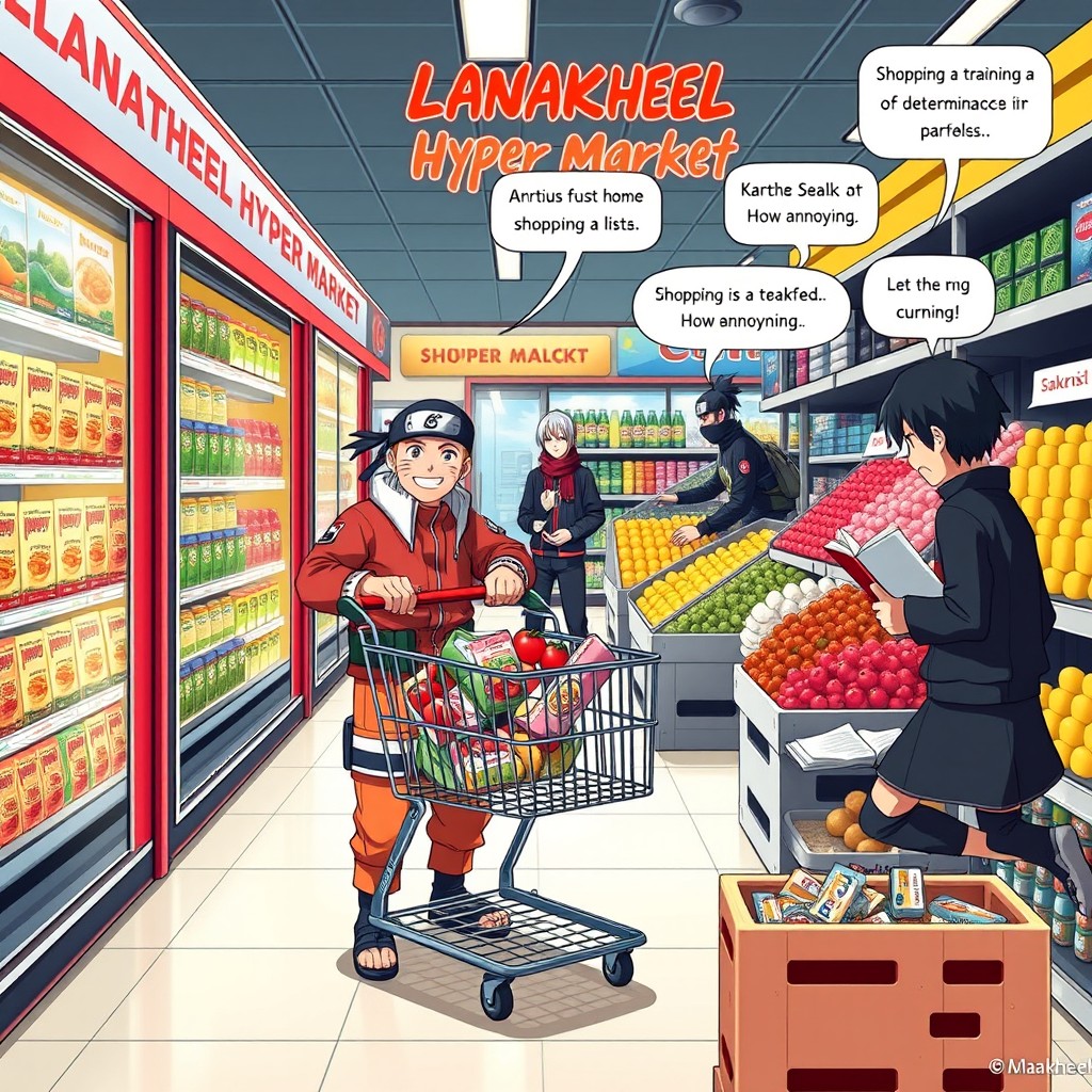 A humorous and vibrant scene featuring characters from Naruto vividly shopping at Alnakheel Hyper Market