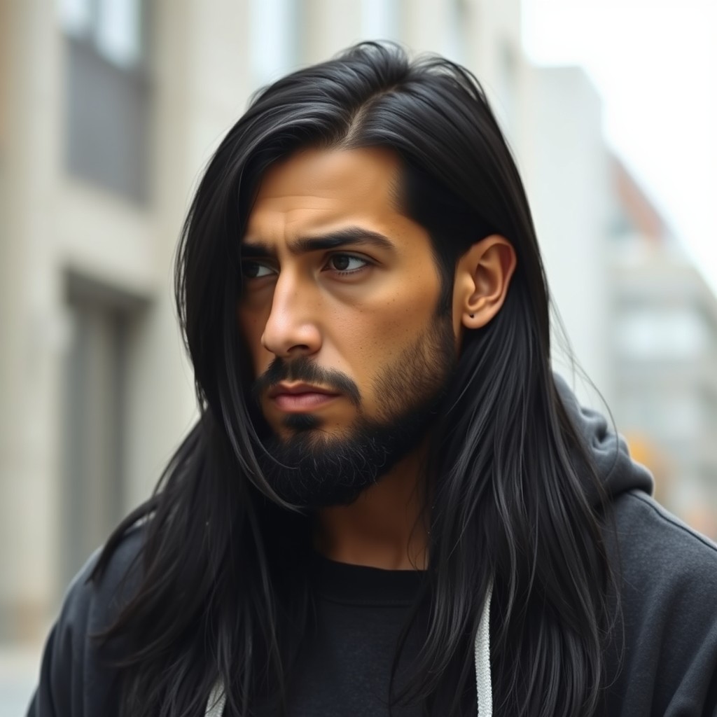 A serious male figure characterized by his long black hair that flows down his shoulders, conveying a sense of depth and intensity