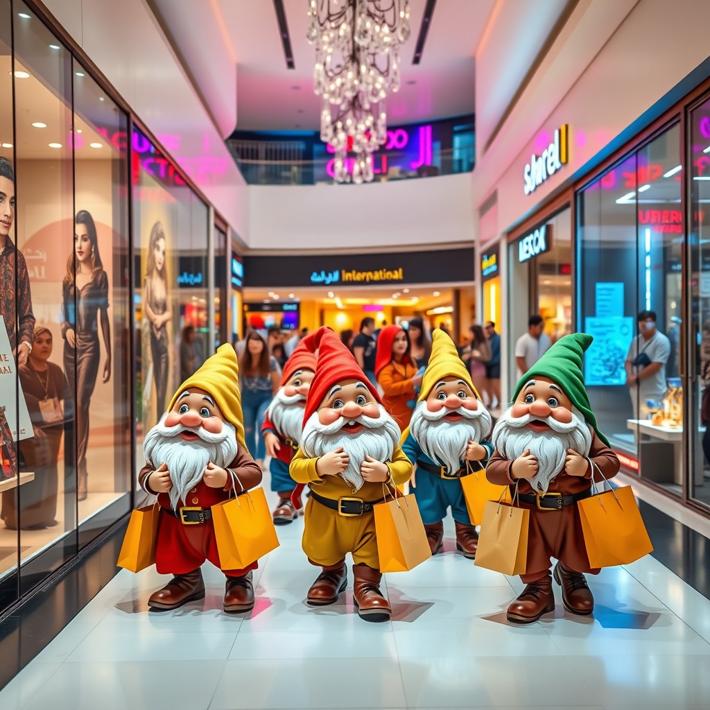 A lively scene inside Alnakheel Mall depicting a group of cheerful dwarfs strolling through the vibrant environment
