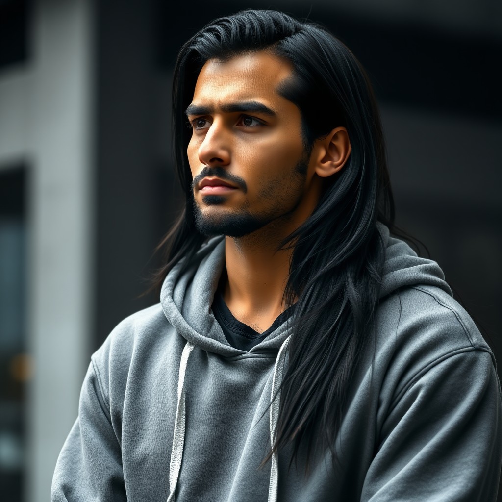 A serious male figure with long black hair that flows elegantly down his shoulders, conveying a deep and contemplative aura