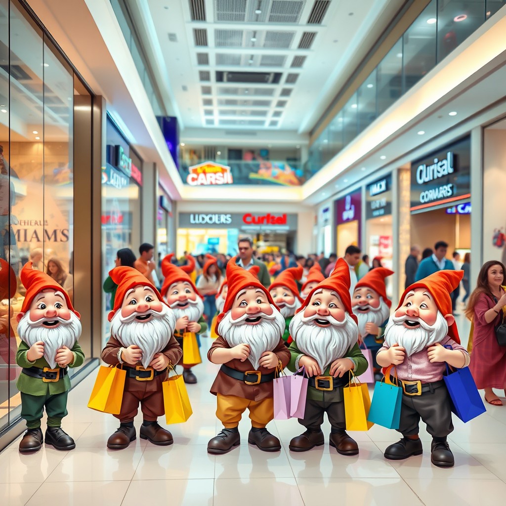 A lively scene inside Alnakheel Mall filled with a group of cheerful dwarfs casually shopping