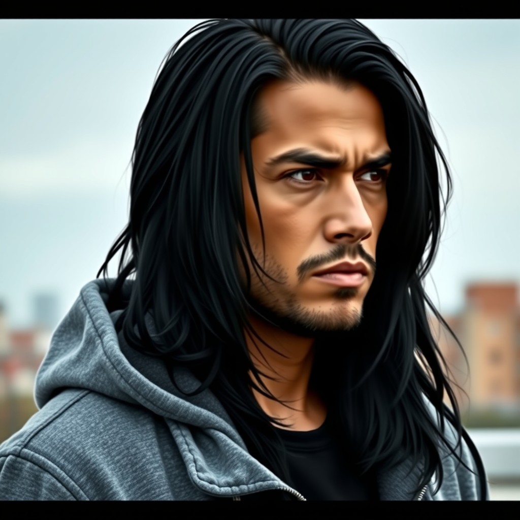 A serious male figure with long black hair, cascading down his shoulders, creating a striking silhouette