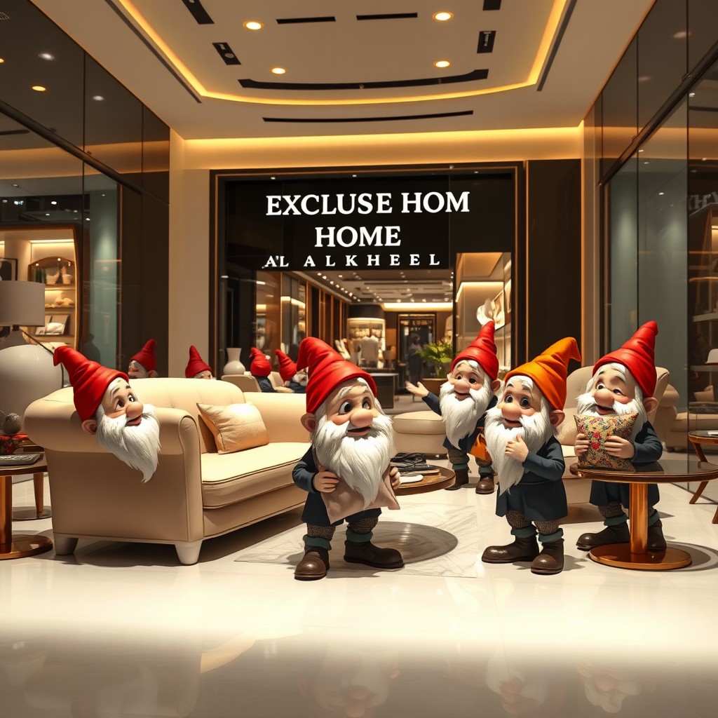 A whimsical scene depicting several dwarfs shopping inside the Exclusive Home store located in Al Nakheel Mall, one of the upscale shopping centers in the city