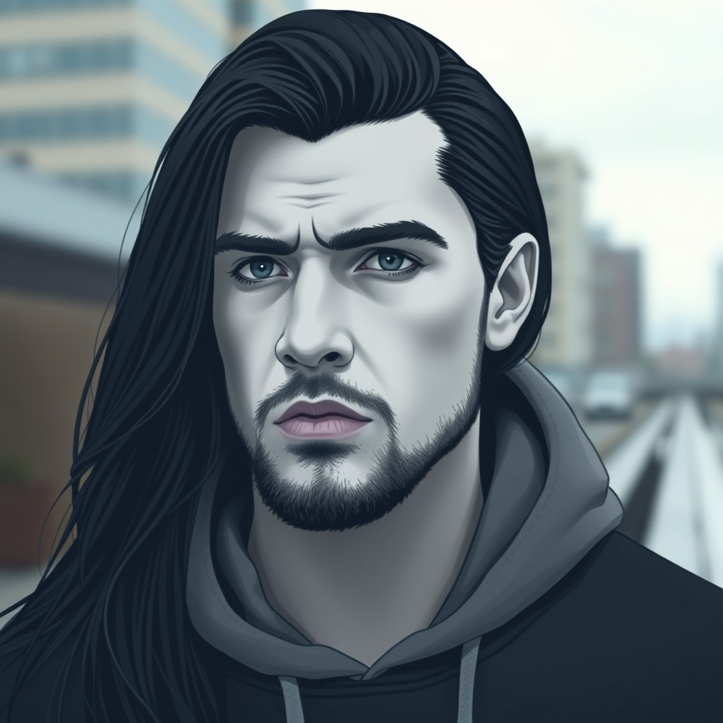 A serious male figure with long black hair that flows elegantly down his shoulders, highlighting his striking features