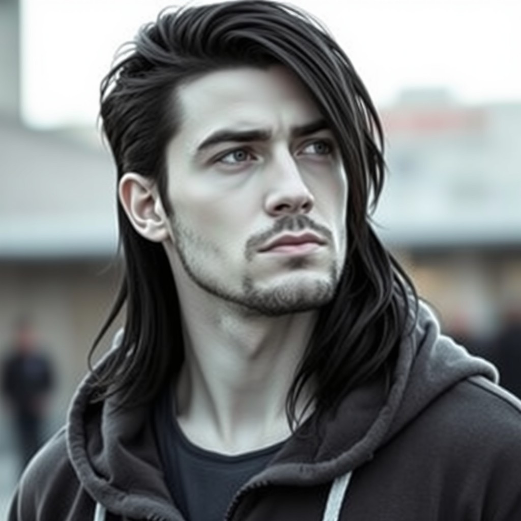 A serious male figure with long black hair that flows down his shoulders, framing his face in a striking manner