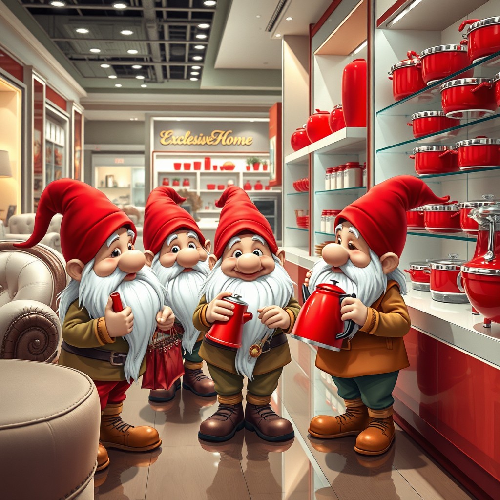 A delightful scene featuring several dwarfs shopping inside the Exclusive Home store located in Al Nakheel Mall, surrounded by an atmosphere of elegance and warmth