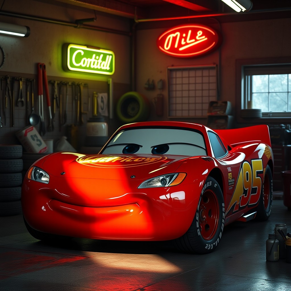 A realistic sports car inspired by Lightning McQueen from Pixar's Cars, featuring a glossy red body adorned with vibrant racing decals