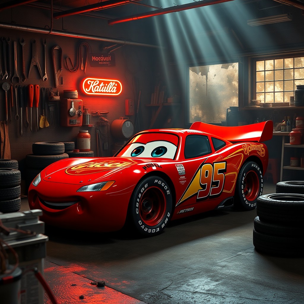 A realistic red race car inspired by Lightning McQueen, featuring a sleek aerodynamic design with detailed racing decals, prominently displaying the number 95 on the side