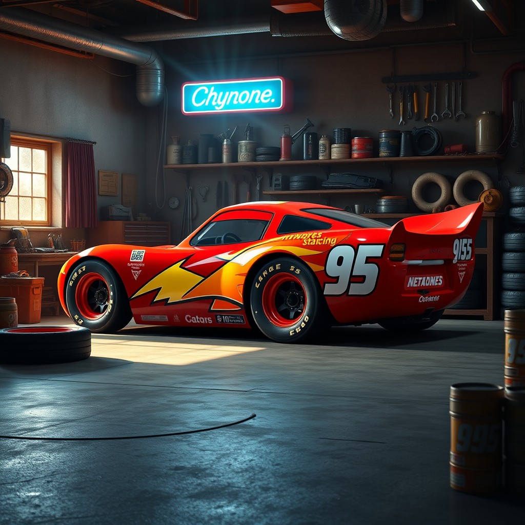 A realistic red race car inspired by Lightning McQueen, showcasing a sleek aerodynamic design complete with detailed racing decals and the number 95 on the side, devoid of any cartoon features or eyes