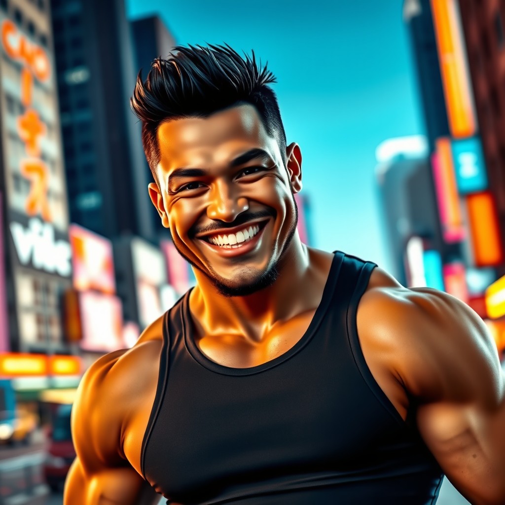 A strong male figure with short black hair and a broad, confident smile that radiates positivity