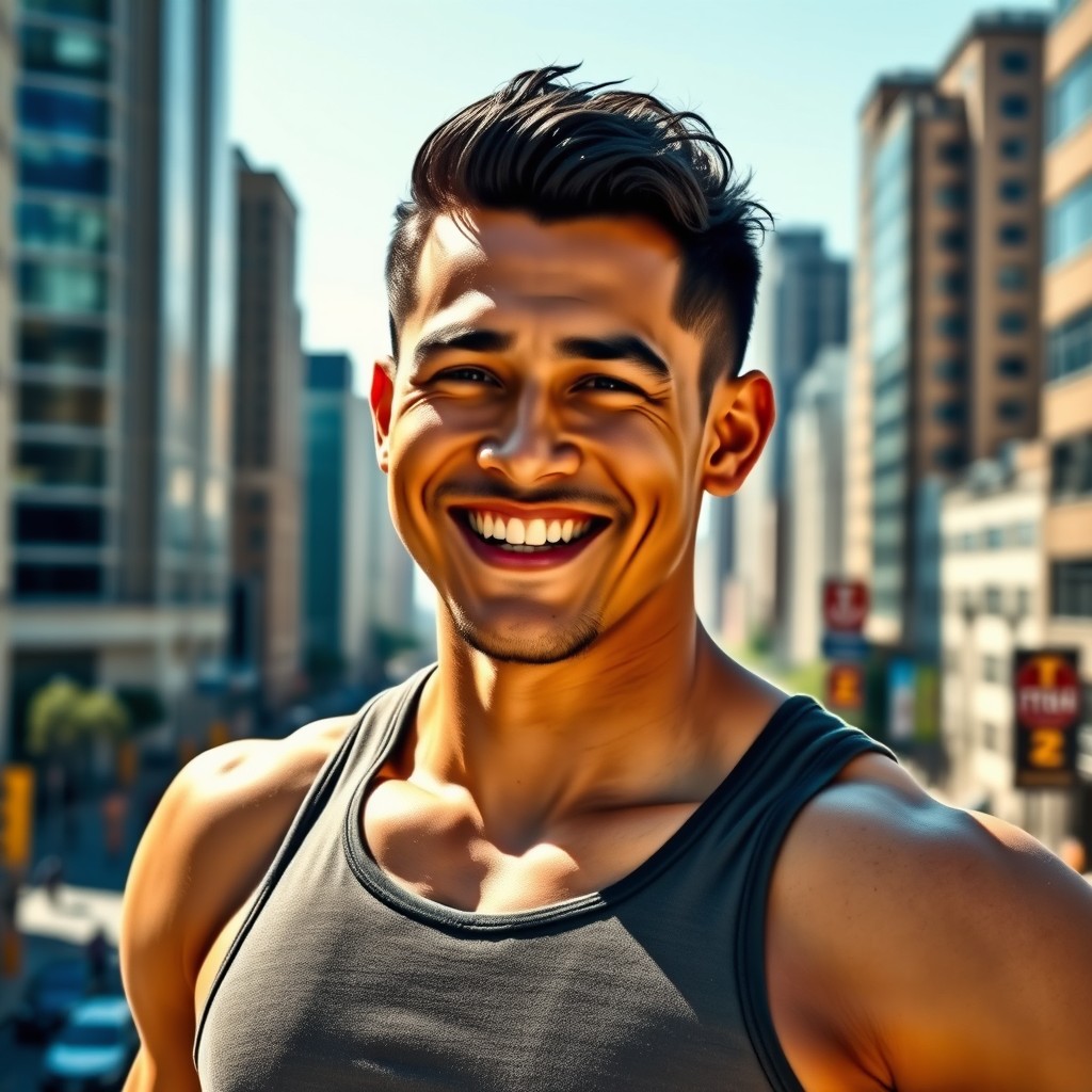A strong male figure with short black hair and a warm, inviting smile that radiates confidence