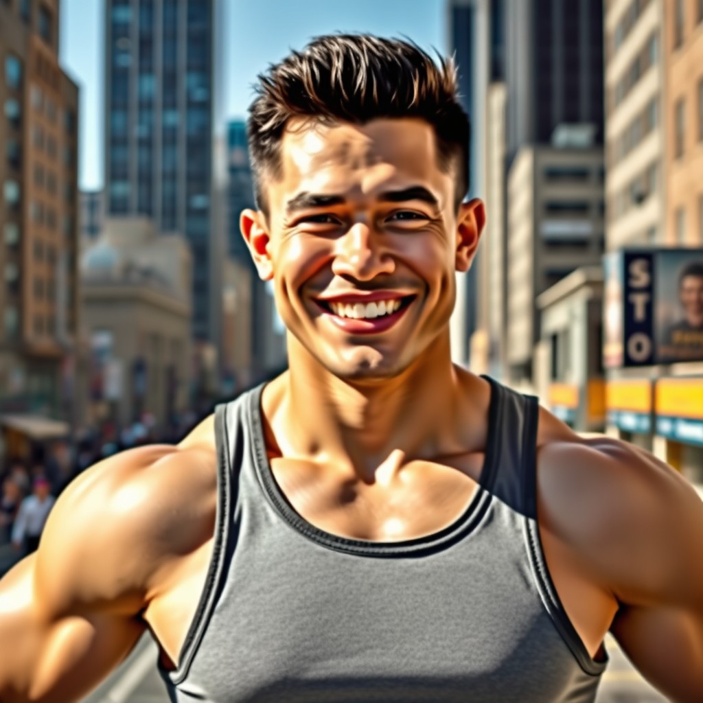 A strong American male figure with short black hair and a broad, friendly smile that conveys warmth and approachability