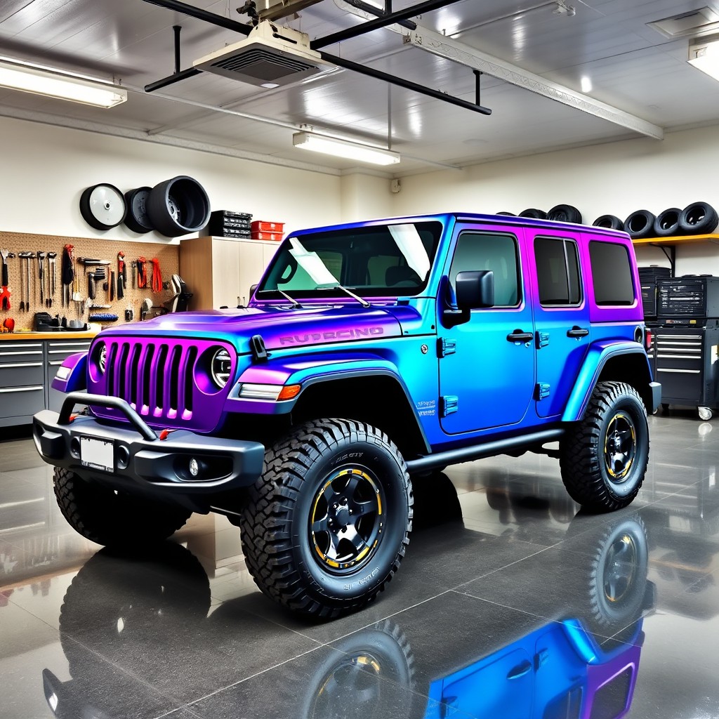 A realistic Jeep Rubicon with a stunning metallic gradient paint job blending vibrant blue and deep purple, adorned with subtle white decals