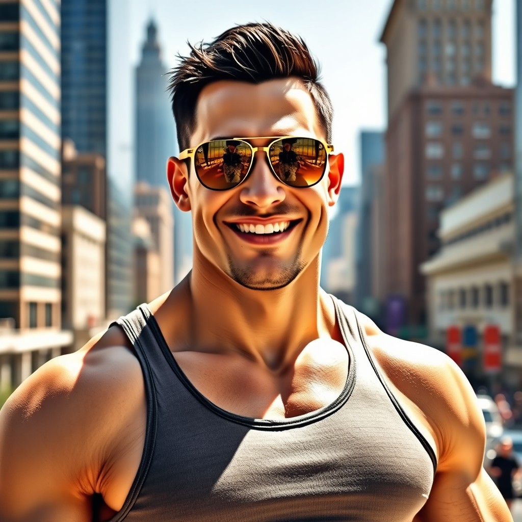A strong American male figure with short black hair and a friendly, confident smile, wearing stylish sunglasses that reflect the bright cityscape around him