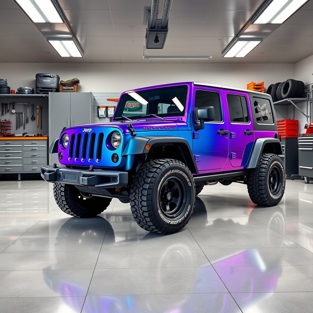 A realistic Jeep Rubicon with a stunning metallic gradient paint job blending vibrant blue and deep purple, adorned with subtle white decals