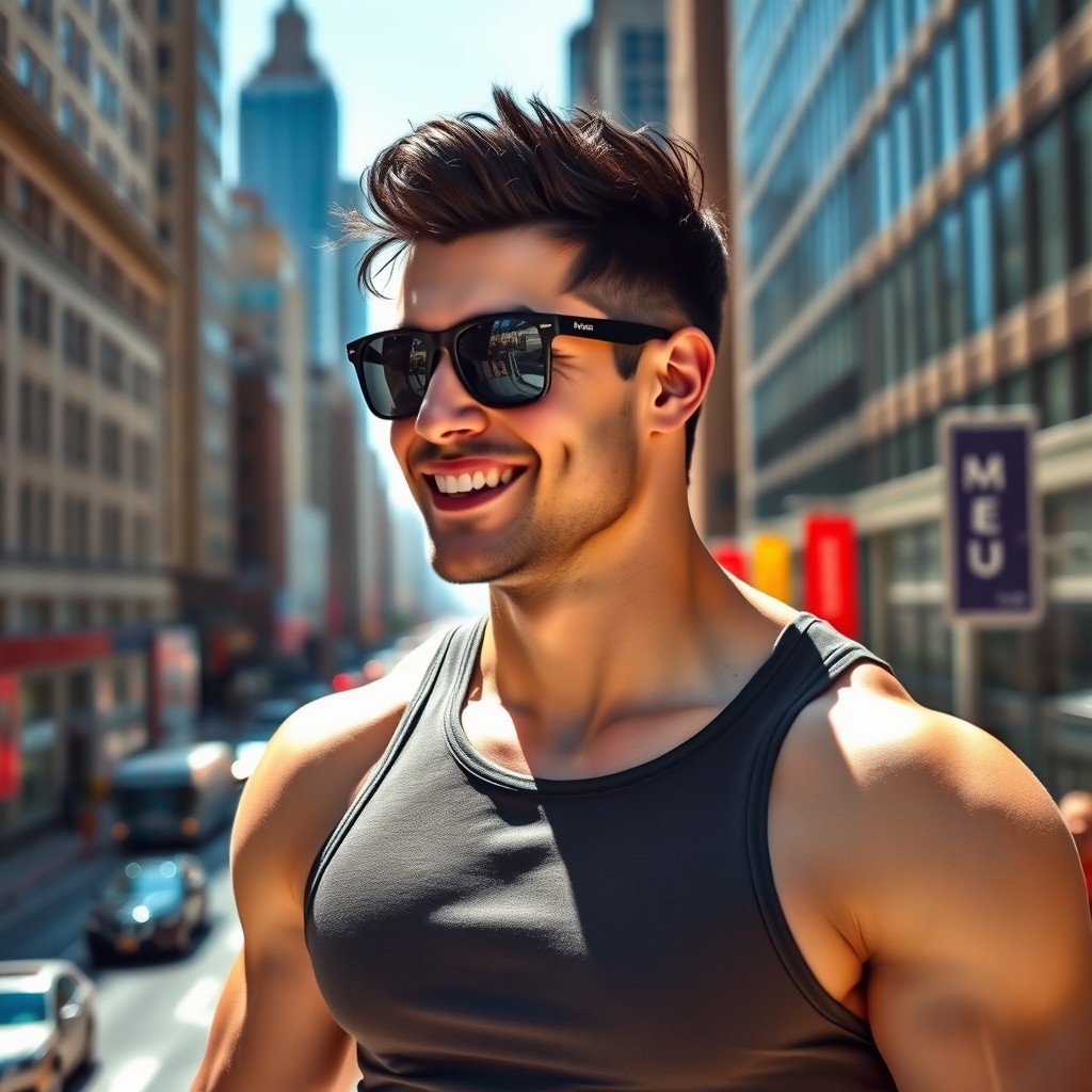 A strong American male figure with short black hair, wearing stylish sunglasses that reflect the cityscape