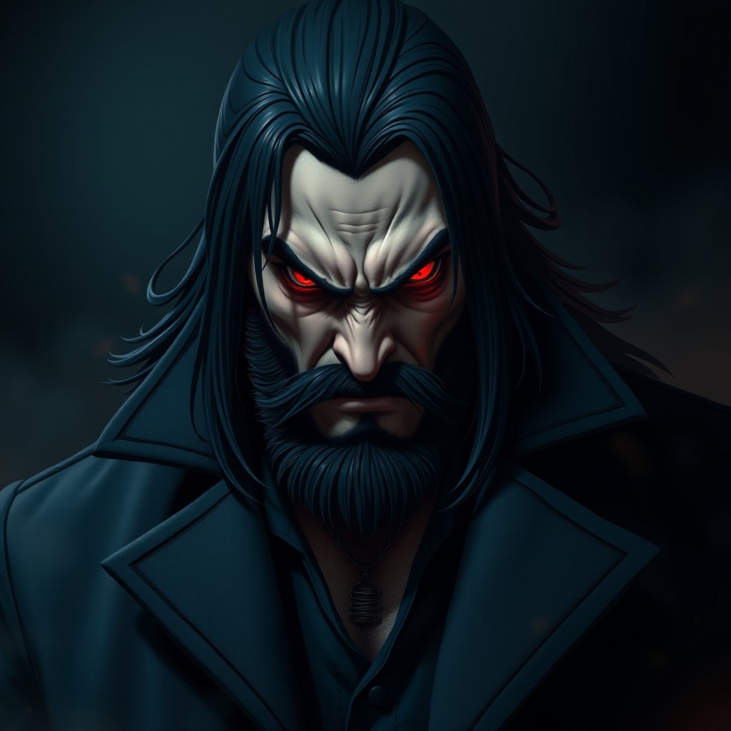 A powerful male figure with long black hair and a well-groomed beard, exhibiting an intense and angry expression