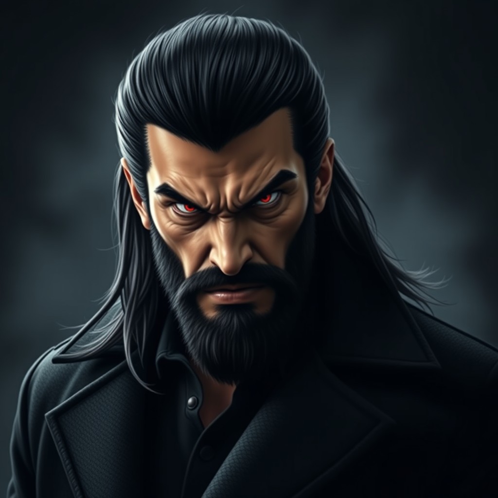 A fierce male figure with long black hair and a well-groomed beard, displaying an intense and angry expression, with striking red eyes that convey a deep sense of rage