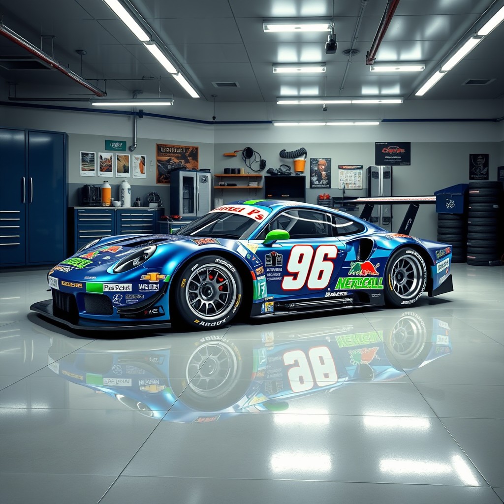 A realistic race car with a striking livery full of sponsor logos, featuring the number 96 prominently displayed