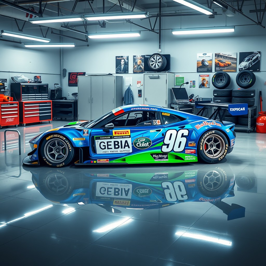 A realistic race car with a striking livery full of sponsor logos, featuring the number 96 prominently displayed