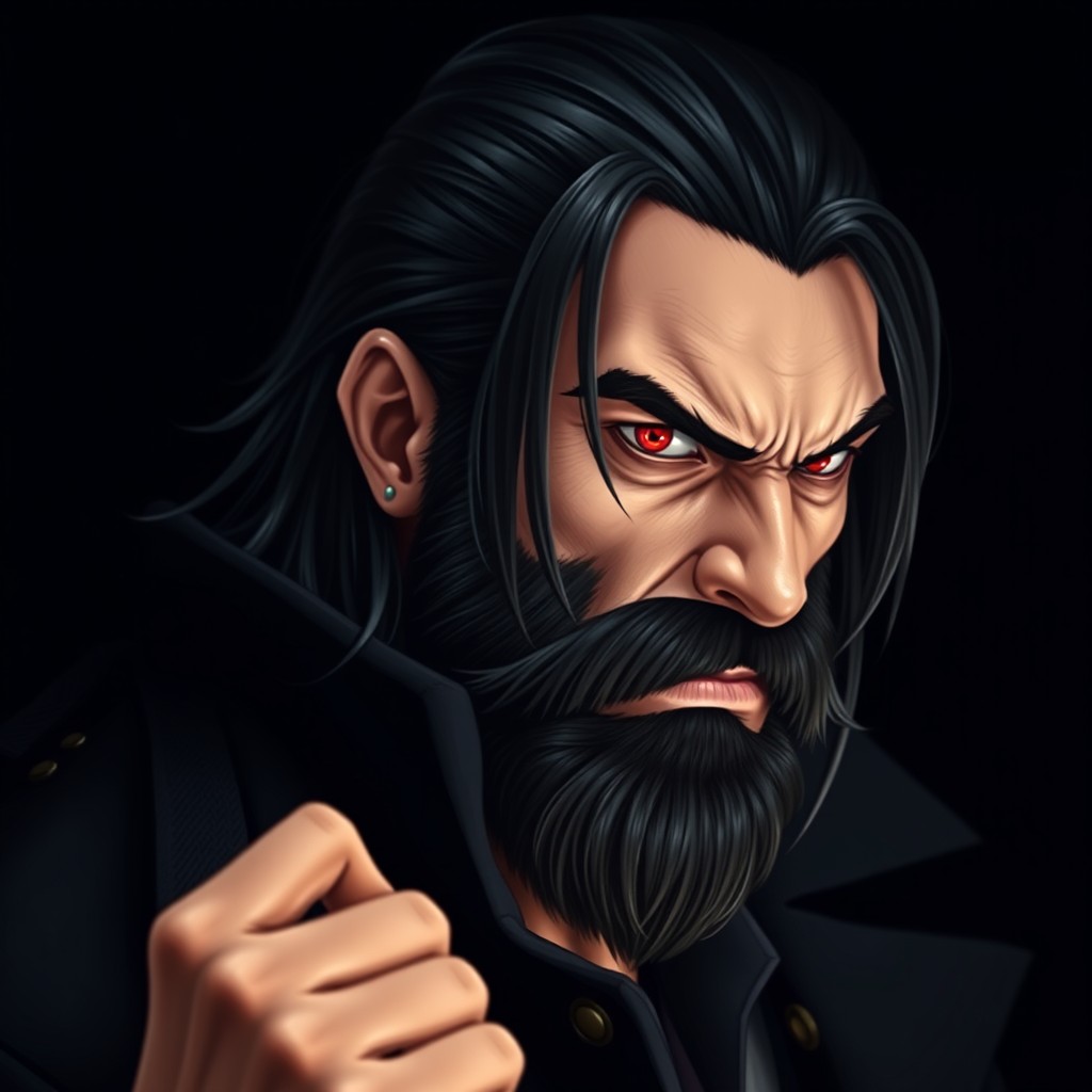 A fierce male figure with long black hair and a well-groomed beard, showcasing an intense and angry expression