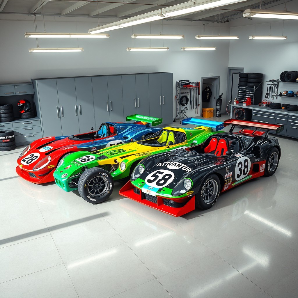 A highly detailed and photorealistic image of a group of five realistic race cars parked side by side inside a brightly lit garage