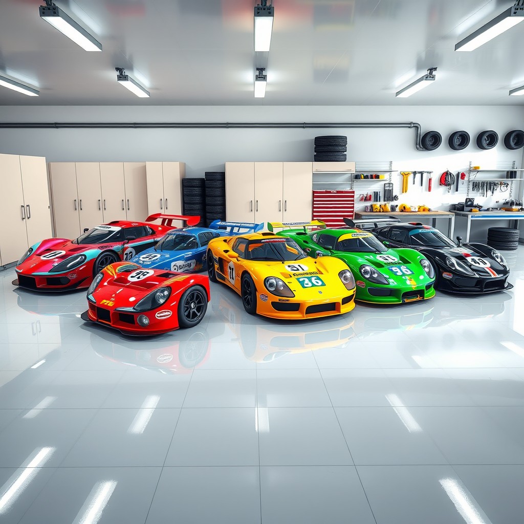 A highly detailed and photorealistic image of a group of five realistic race cars parked side by side inside a brightly lit garage