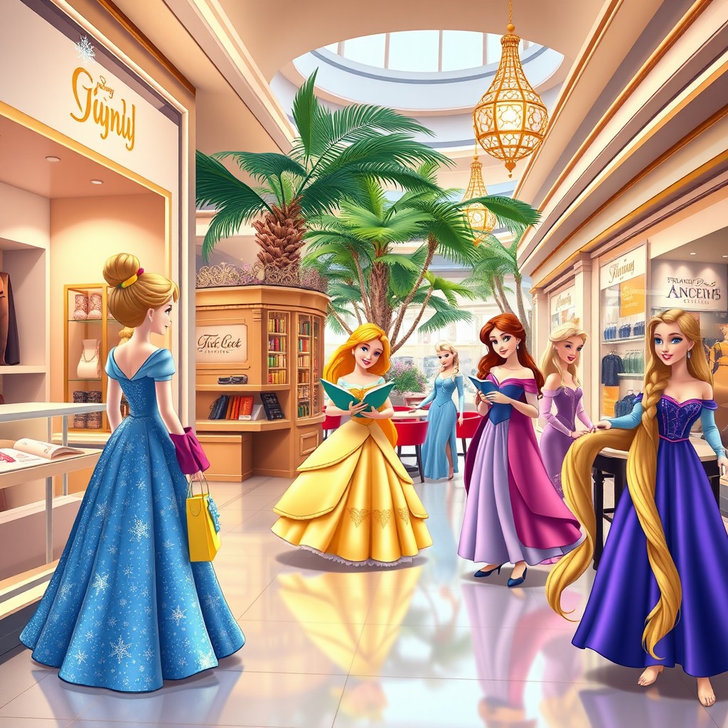 A whimsical scene depicting Disney princesses shopping at Palm Mall, filled with elegance and fun