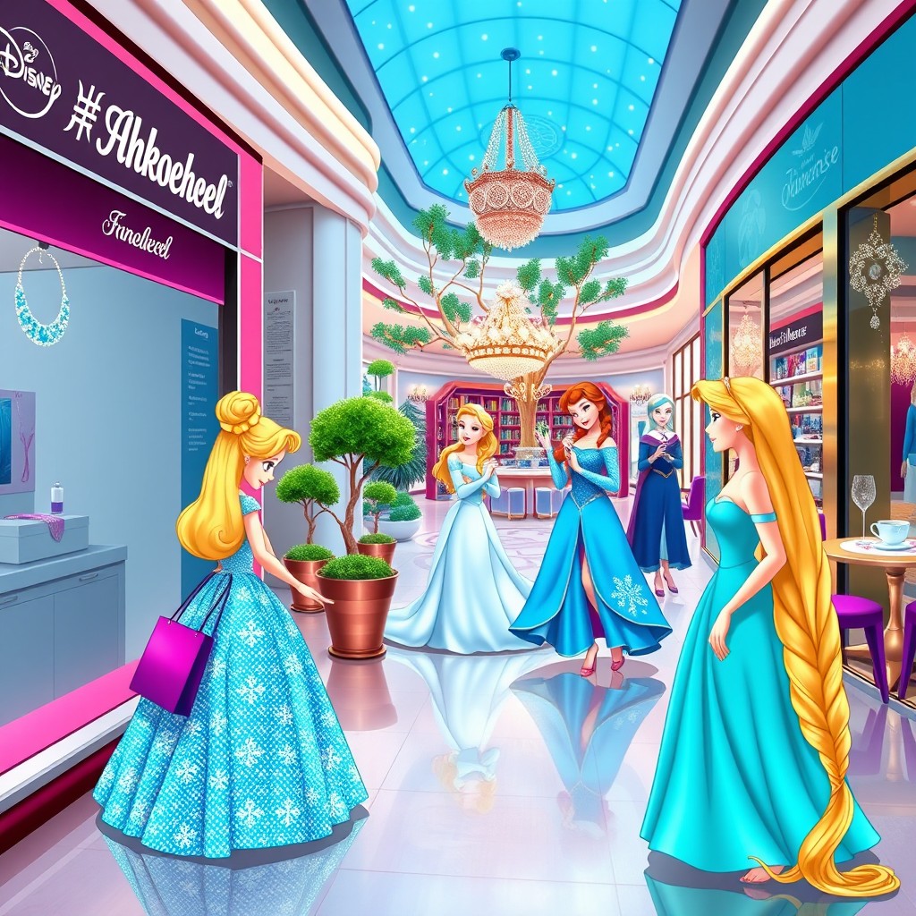 A whimsical scene depicting Disney princesses shopping at Alnakheel Mall, filled with elegance and fun