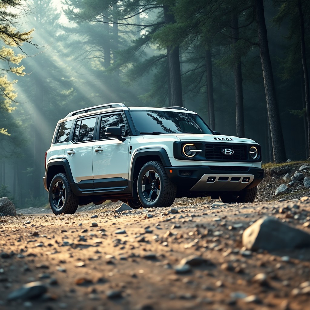 A clean, modern, and rugged white SUV with a black roof featuring a bold 'B' logo on the front grille, parked on a rocky dirt road