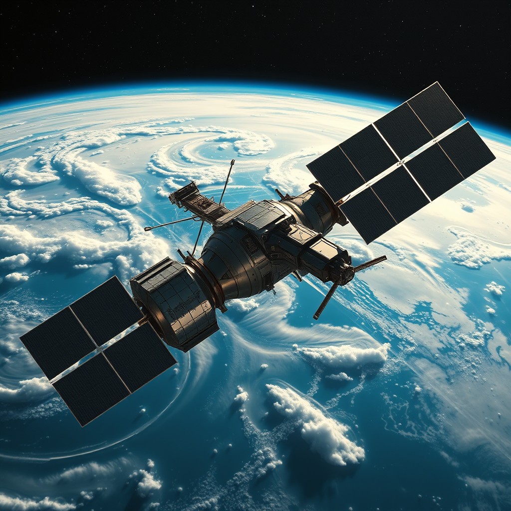 A futuristic military satellite orbiting the Earth, with intricate details showcasing advanced technology