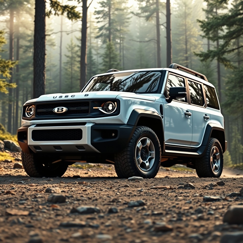 A clean, modern, and rugged white SUV with a black roof featuring a bold 'B' logo on the front grille, parked or driving on a rocky dirt road