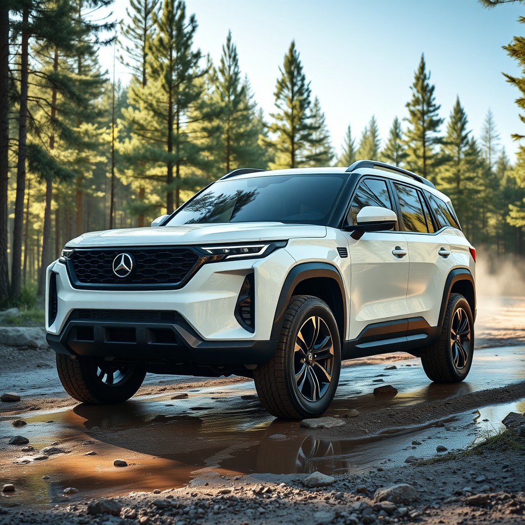 A clean, ultra-modern and rugged white SUV with a sleek black roof, prominently featuring a bold 'B' logo on the front grille