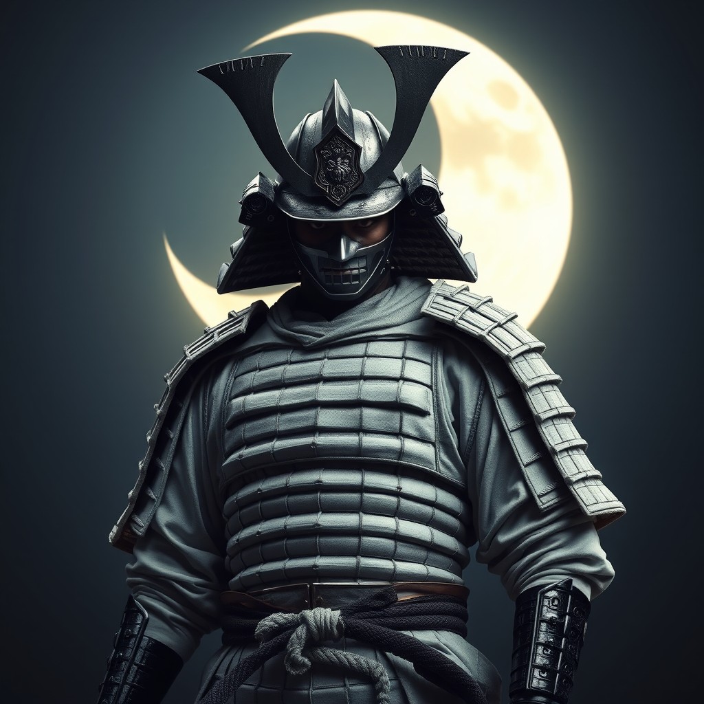 A solitary samurai clad in pristine white armor stands heroically against the backdrop of a waning crescent moon, symbolizing mystery and introspection