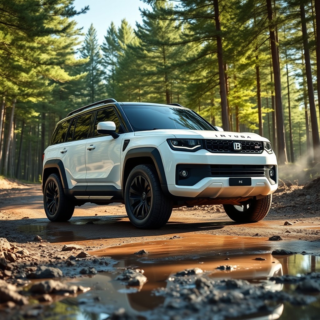 A clean, ultra-modern and rugged white SUV with a sleek black roof, prominently showcasing a bold 'B' logo on the front grille