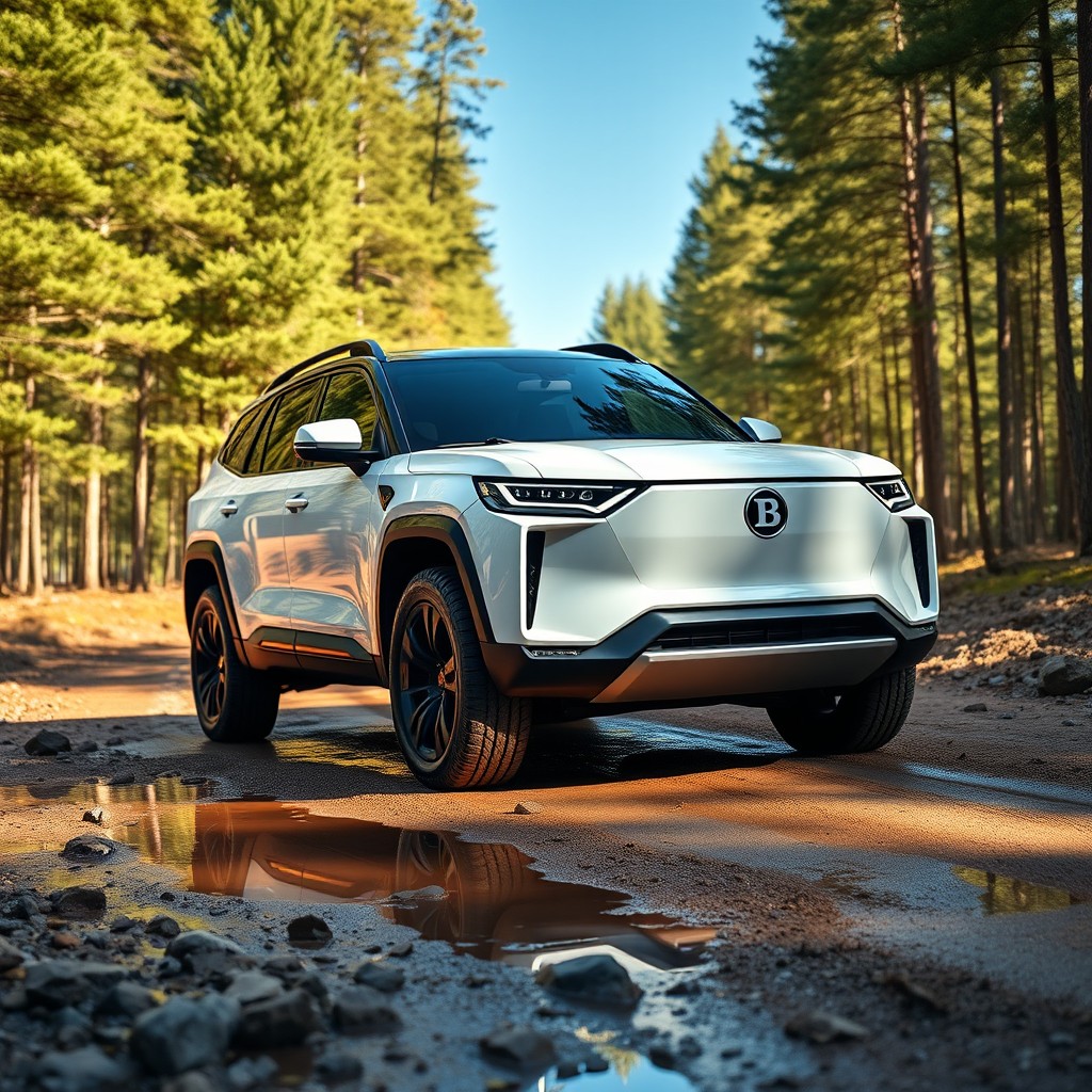 A clean, ultra-modern and rugged white SUV with a sleek black roof, prominently displaying a bold 'B' logo on the front grille
