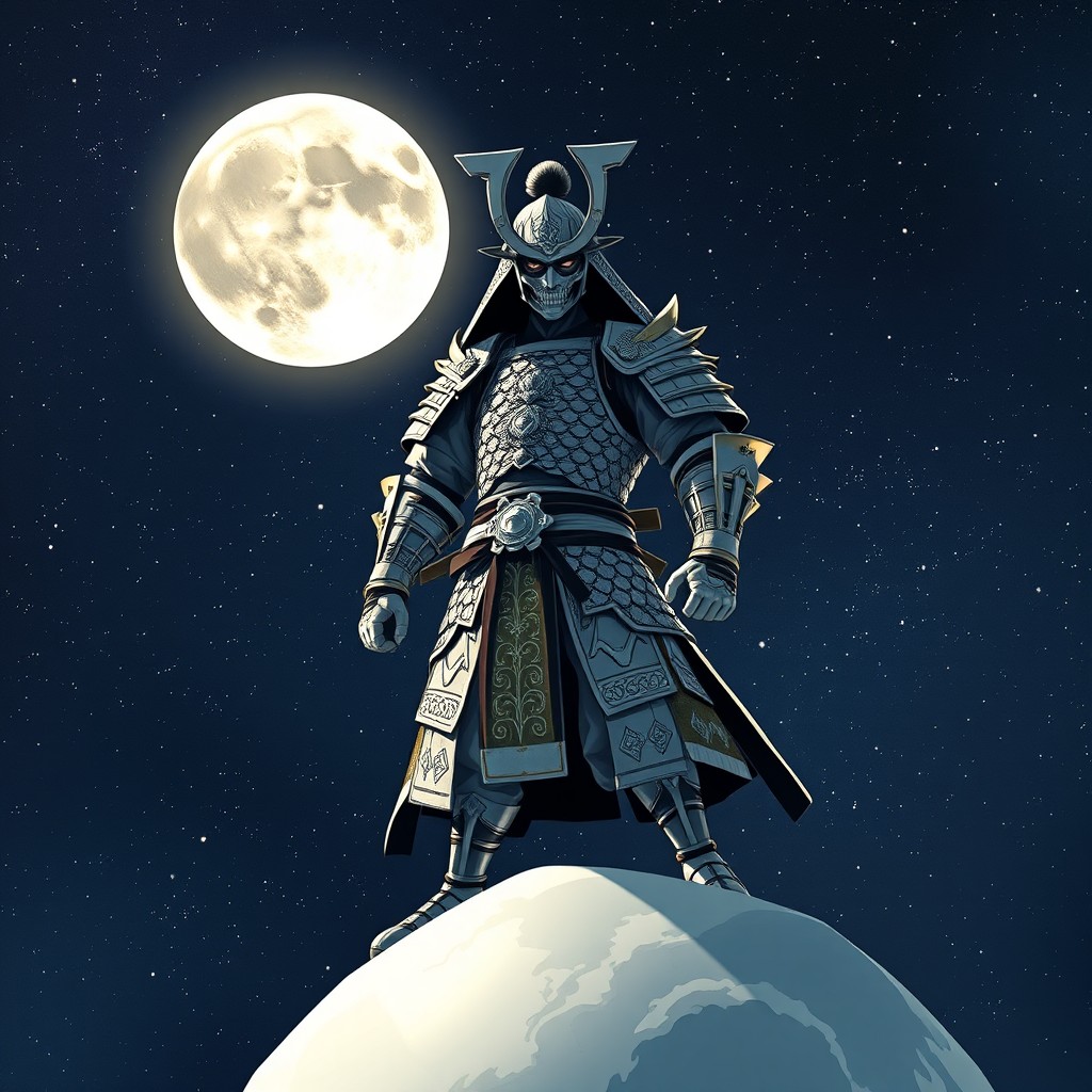 A fierce samurai character styled like a Netflix cartoon, dressed in intricate white armor that glimmers in the moonlight