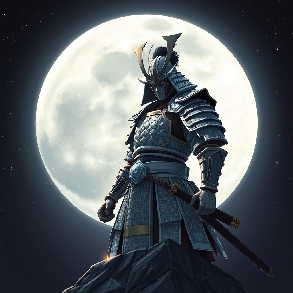 A striking samurai character depicted in the style of a Netflix cartoon, wearing ornate white armor that reflects a soft glow in the moonlight