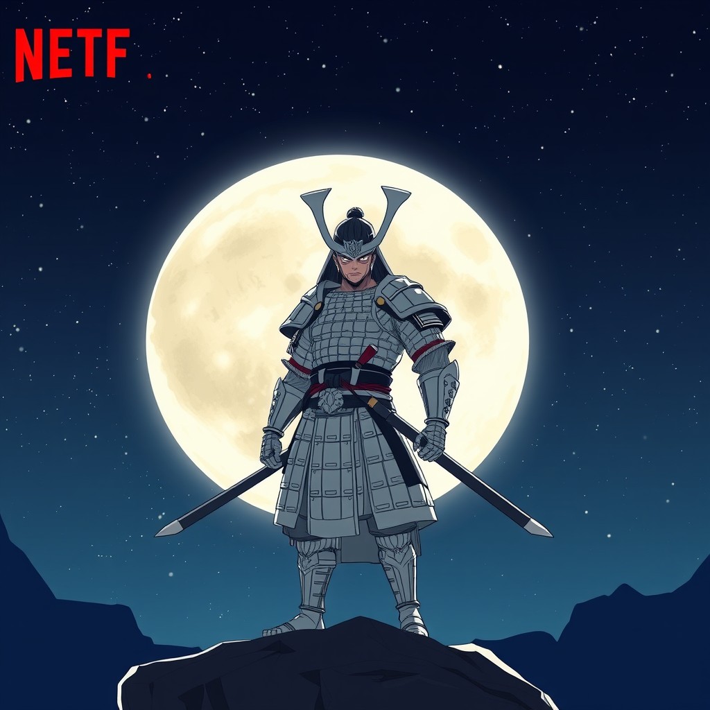 An intense samurai character illustrated in the style of a Netflix cartoon, clad in detailed white armor that shines subtly against the night sky