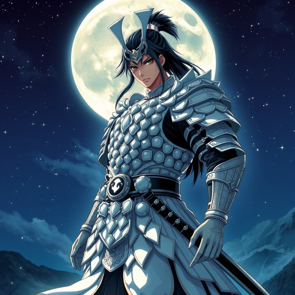 A dynamic samurai character depicted in a vivid anime style, wearing elaborate white armor that shines brilliantly against the night sky