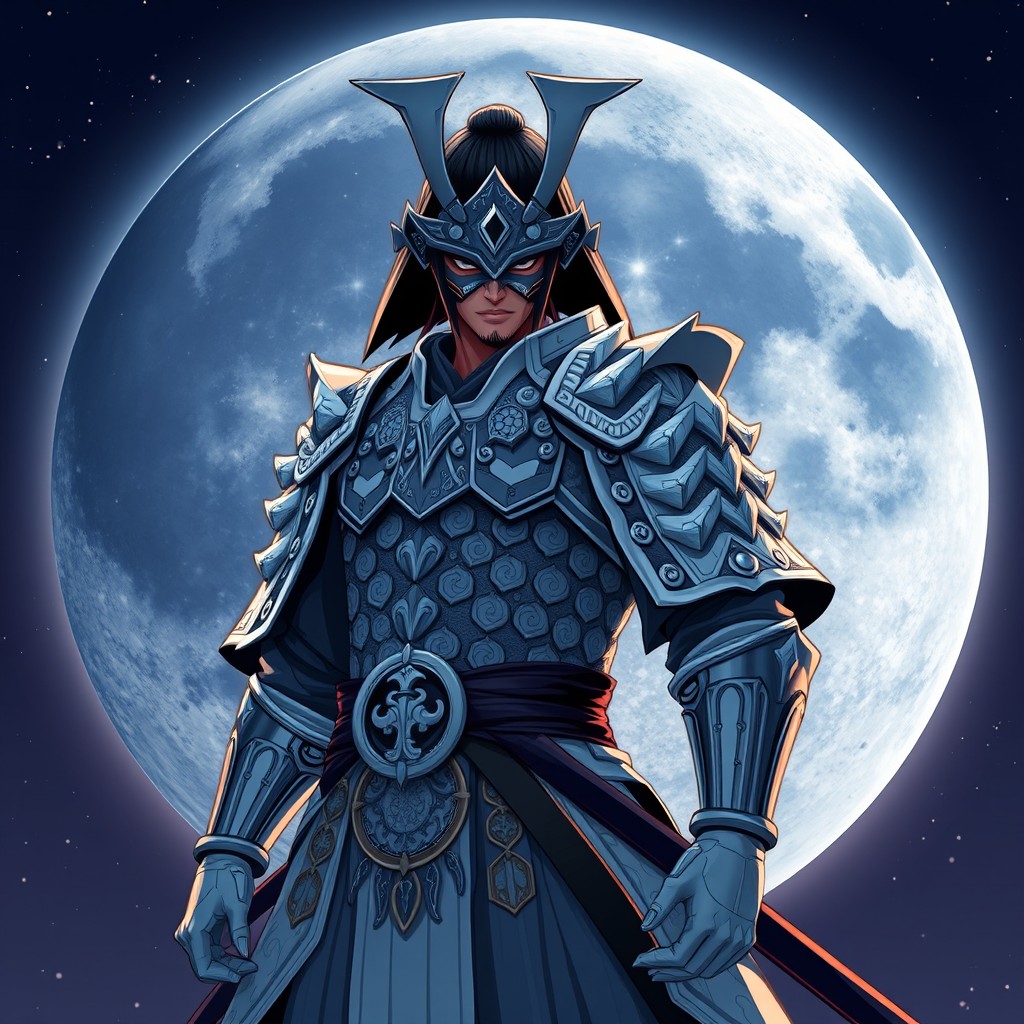 A fierce samurai illustrated in a captivating anime style, adorned in intricately designed white armor that glistens under the night sky