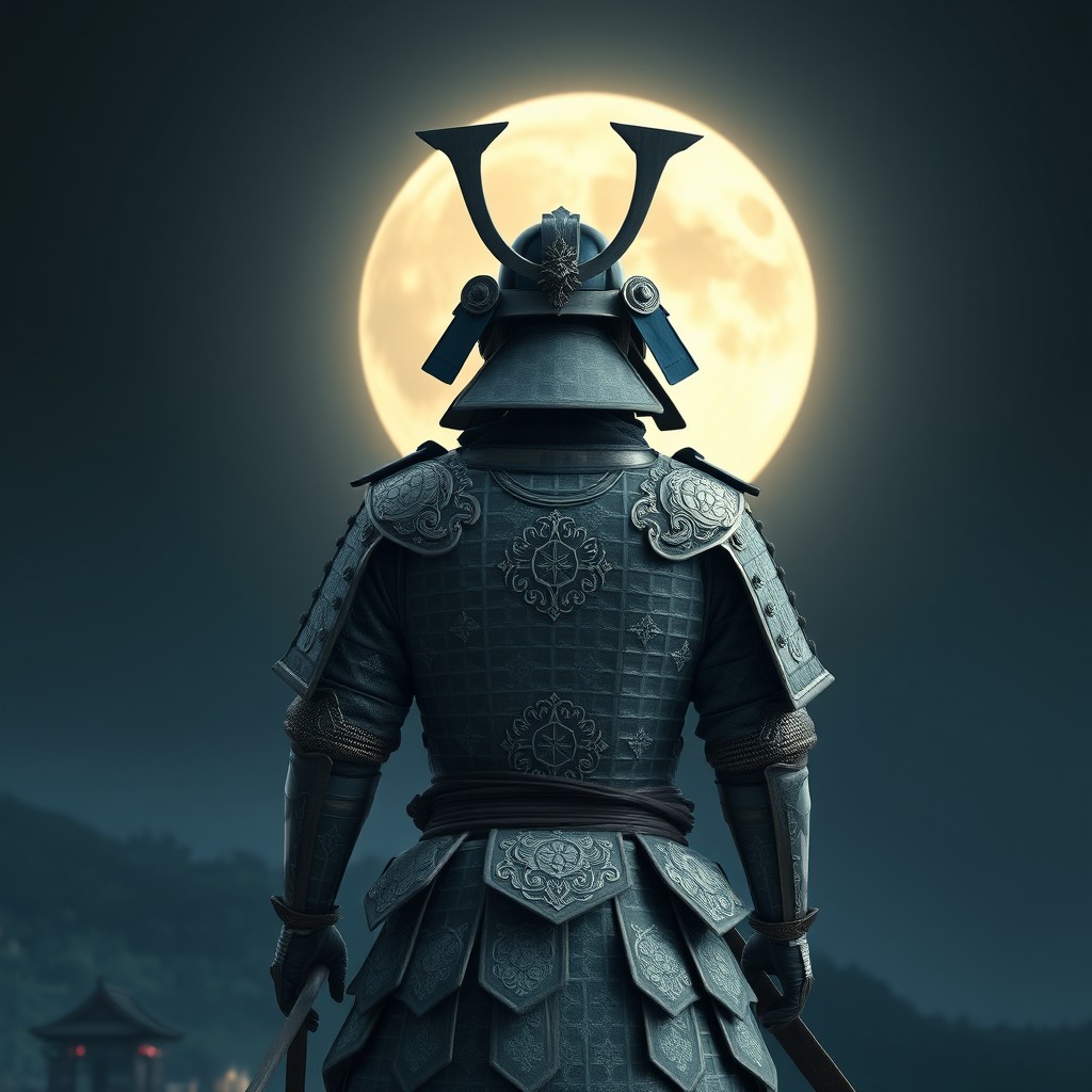 A samurai in ornate white armor stands with his back facing the viewer, set against the backdrop of the First Phase of the Moon