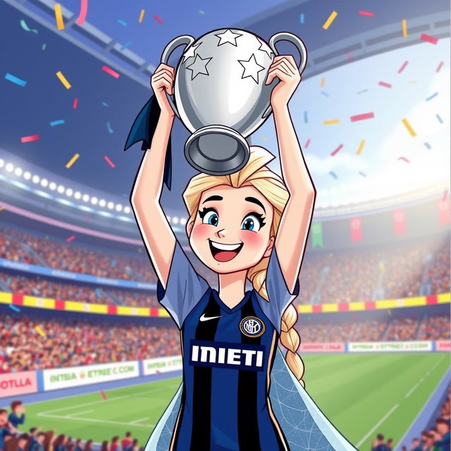 A cartoon-style illustration of Elsa from Frozen joyfully raising the Champions League trophy high above her head
