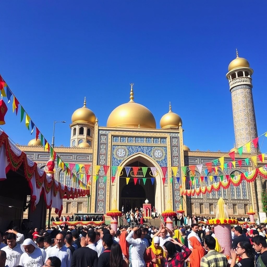 A vibrant and festive scene at the Imam Reza shrine, beautifully decorated for the celebration of his birth
