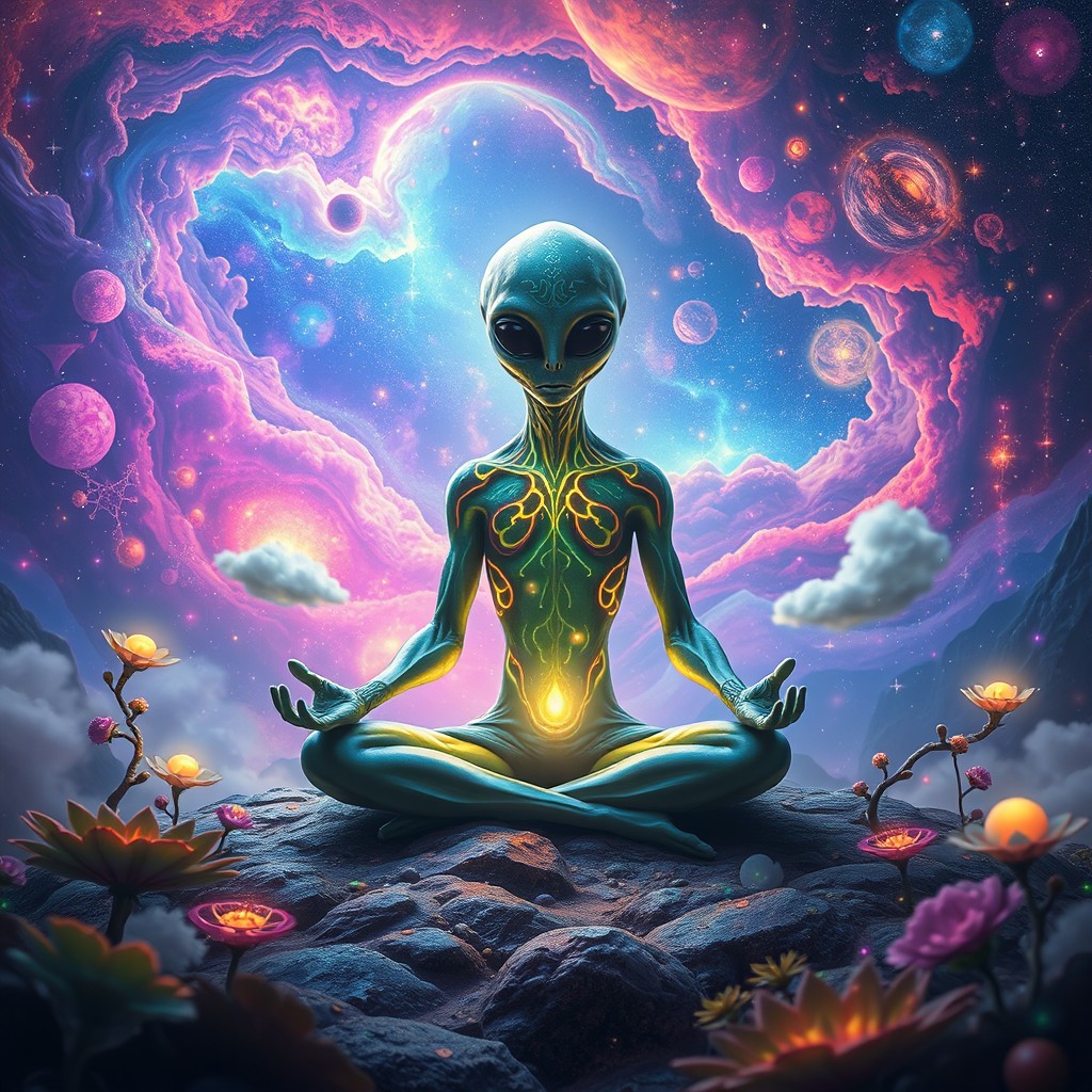 A mesmerizing scene of an alien meditating in a vibrant, otherworldly dimension
