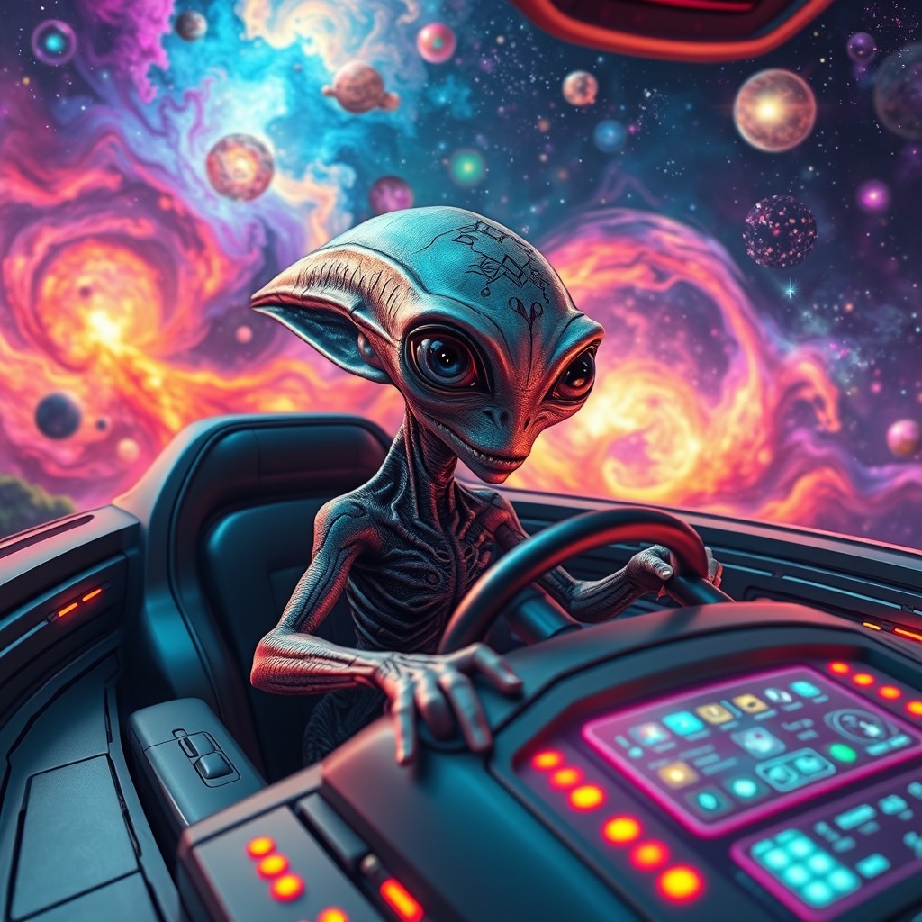 An alien creature piloting a futuristic spaceship in a vibrant, otherworldly dimension filled with colorful nebulae and swirling galaxies