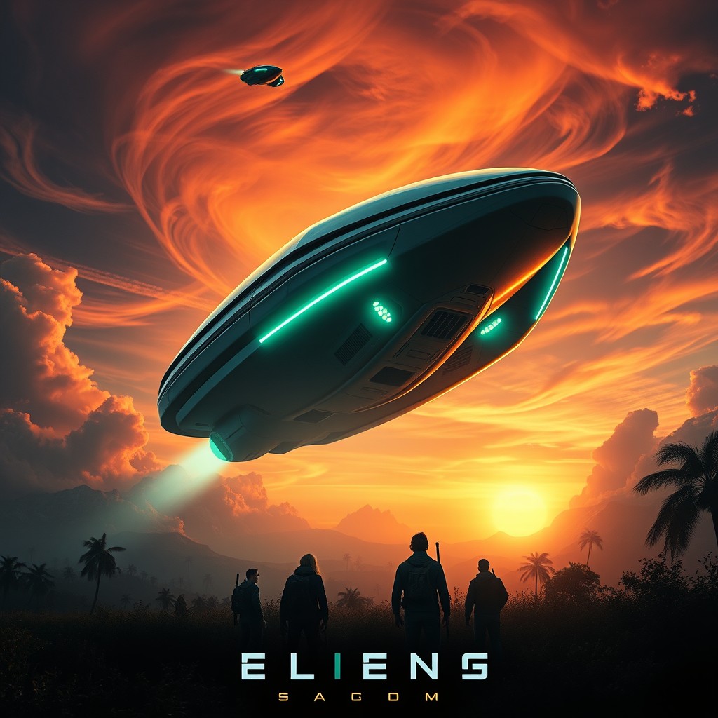 A dramatic movie poster featuring an alien spaceship landing in a lush, vibrant landscape