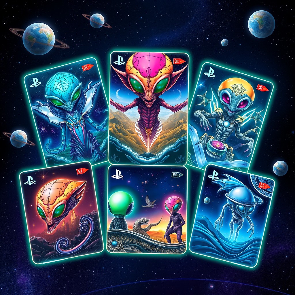 A futuristic design of alien-themed PlayStation cards, showcasing various alien species with vibrant colors and intricate patterns